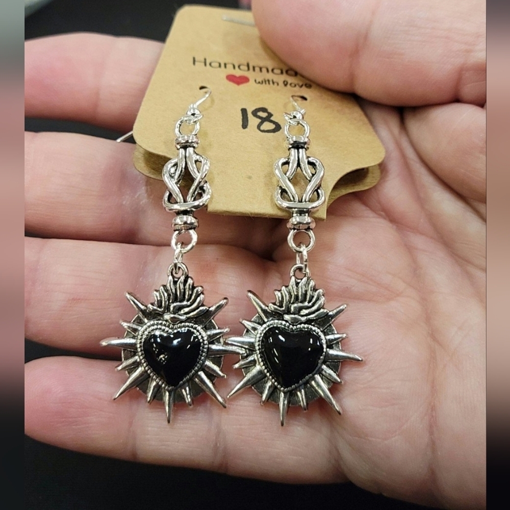 Sacred Heart Black Earrings Hypoallergenic Handmade Wiccan Pagan Witch Gothic